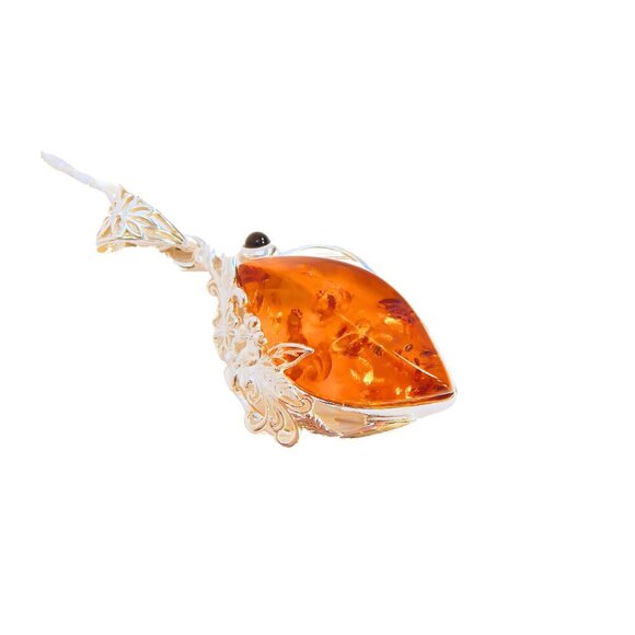Baltic Amber Victorian Floral Filigree Pendant Necklace in 925 Sterling Silver